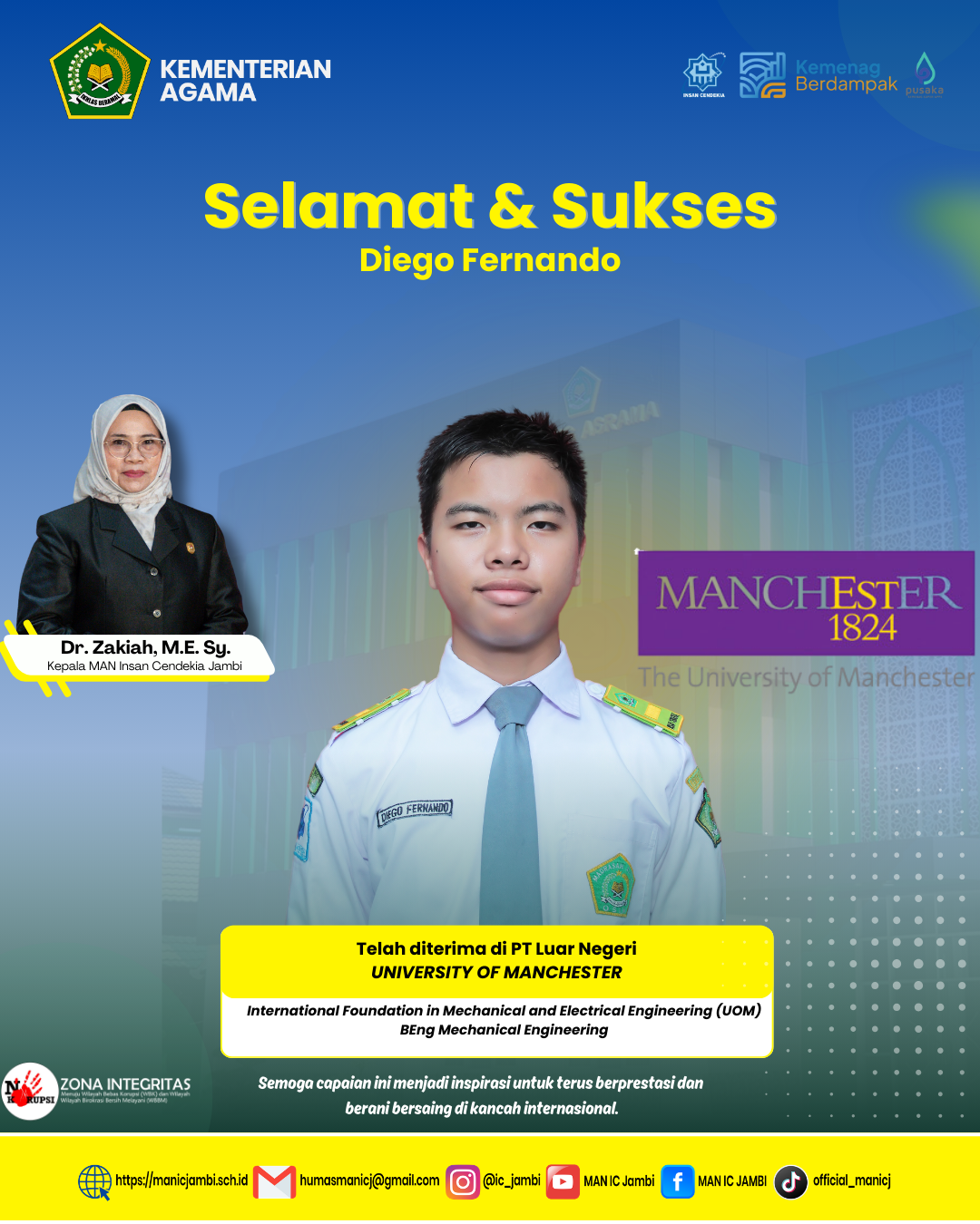 Diego Fernando Perkuat Prestasi PTLN, Murid MAN IC Jambi Diterima Jalur Internasional University of Manchester