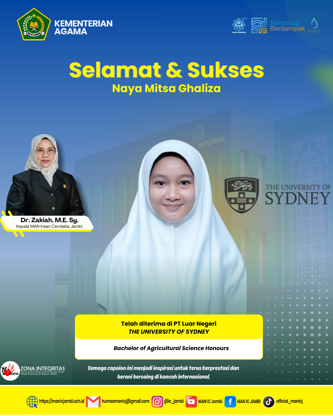 Murid MAN IC Jambi Kembali Mendunia, Naya Mitsa Ghaliza  Raih Offer Letter dari UNSW Sydney