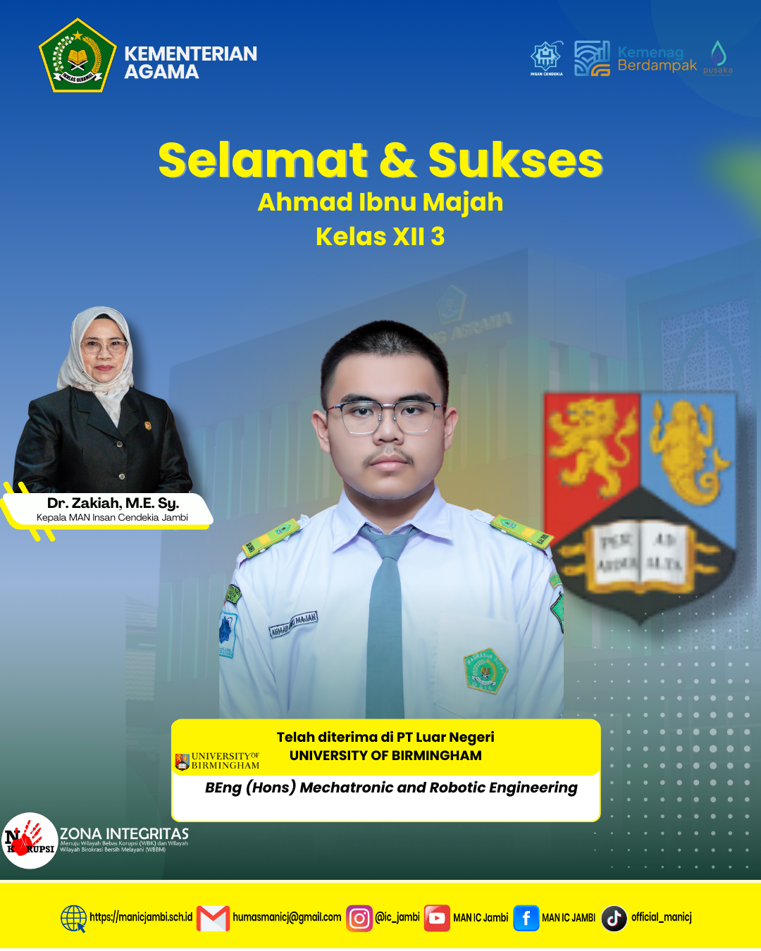 Tembus Kampus Top Dunia, Amad Ibnu Majah  Diterima di University of Birmingham