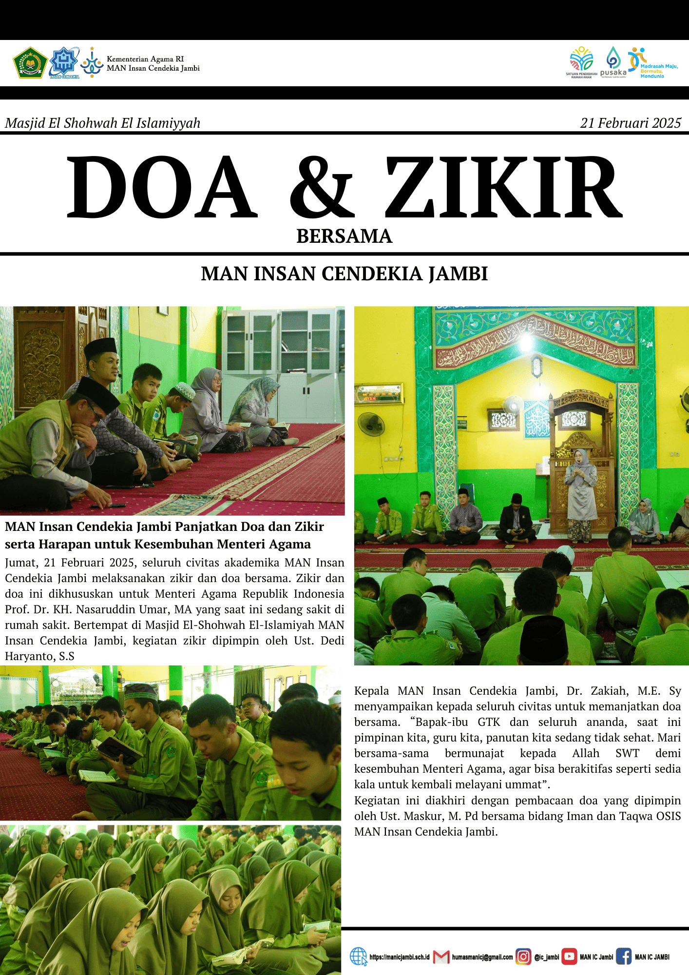MAN Insan Cendekia Jambi Panjatkan Doa dan Zikir serta Harapan untuk Kesembuhan Menteri Agama